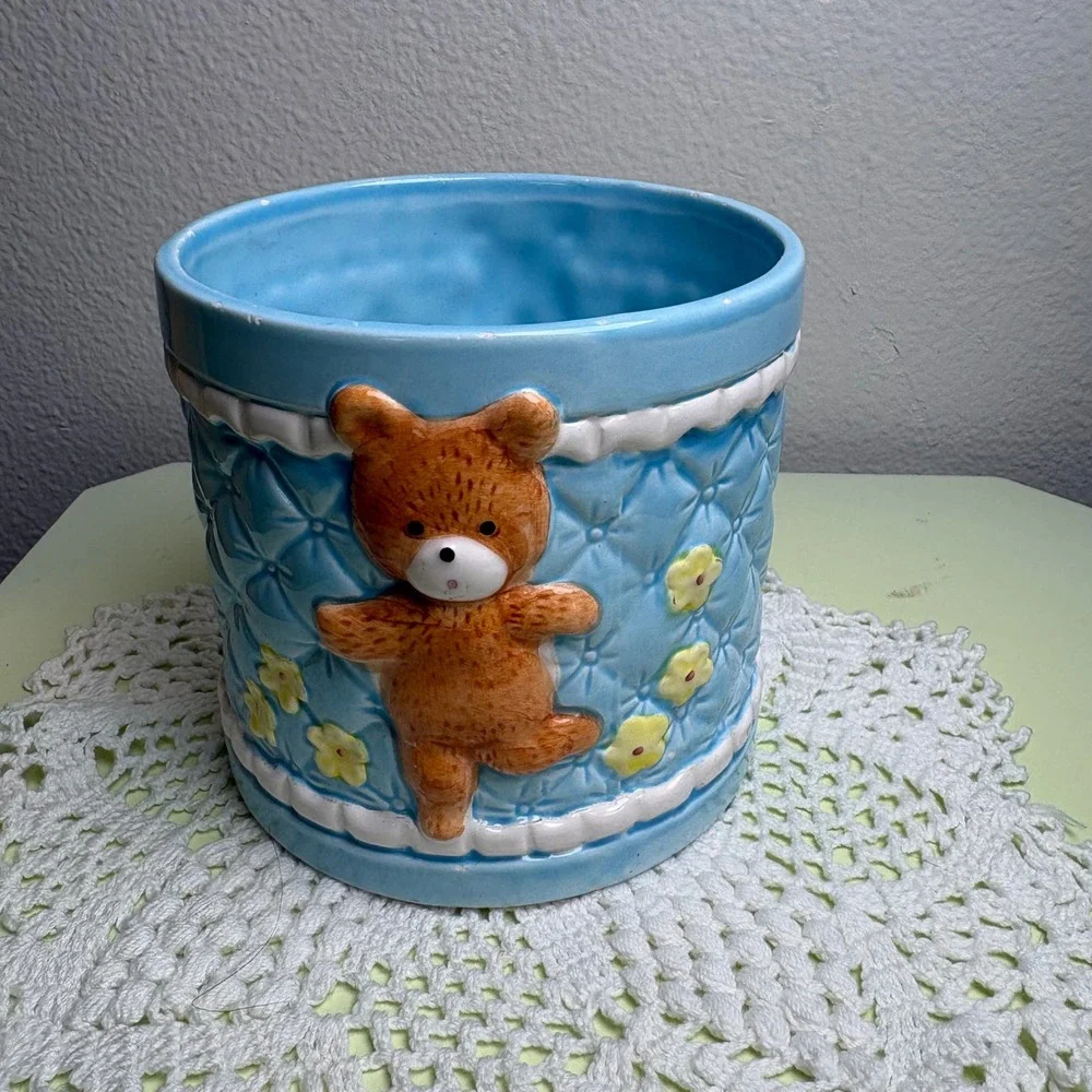 Vintage Blue Teddy Bear Planter Pot Nursery Decor Kitsch Ceramic